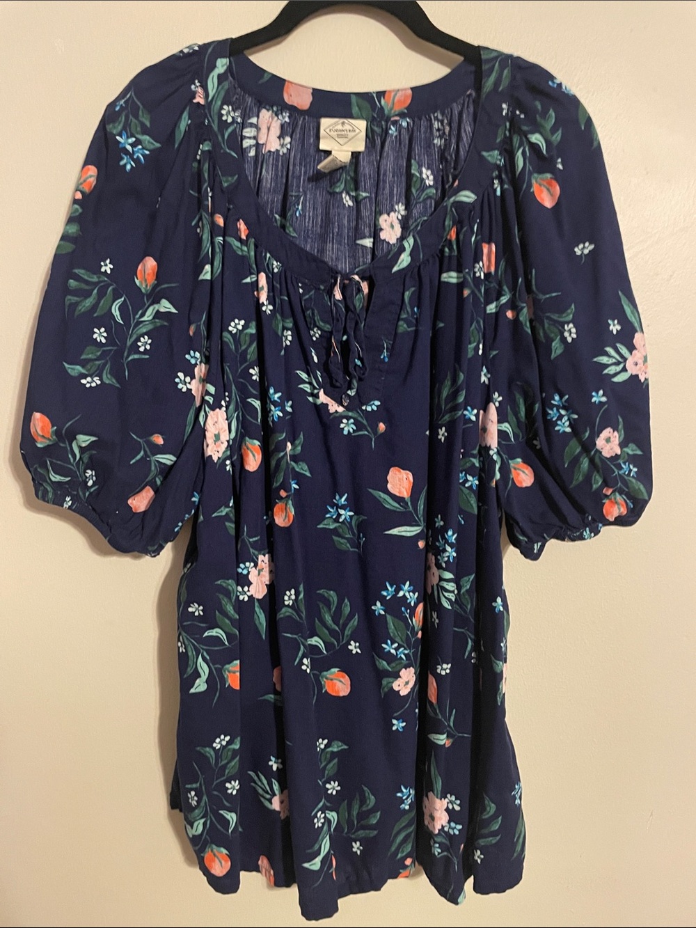 St. John's Bay Navy Floral Peasant Tunic with Puff Sleeves and Tie Neck